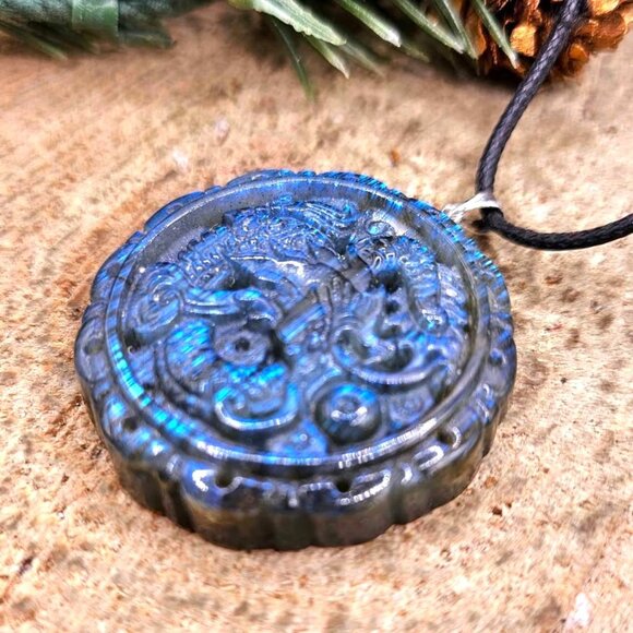 Nature Labradorite Carved Flashy Oriental Dragon Pendant Necklace - Picture 3 of 10